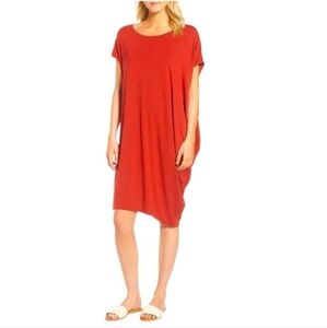Eileen Fisher Red Asymmetrical Ruched Jersey Stretch Casual Dress Small